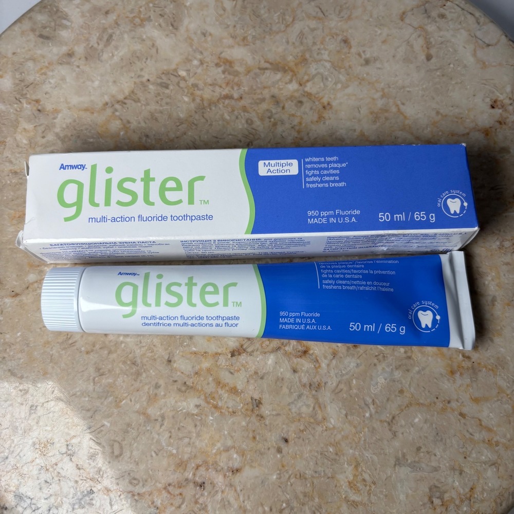 Amway Glister Multi Action Fluoride Toothpaste 50ml 65g White Blue Reminact